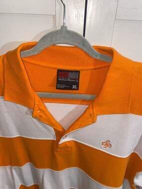 Vintage Southpole Men's Y2K Orange and White Striped Polo Shirt XL